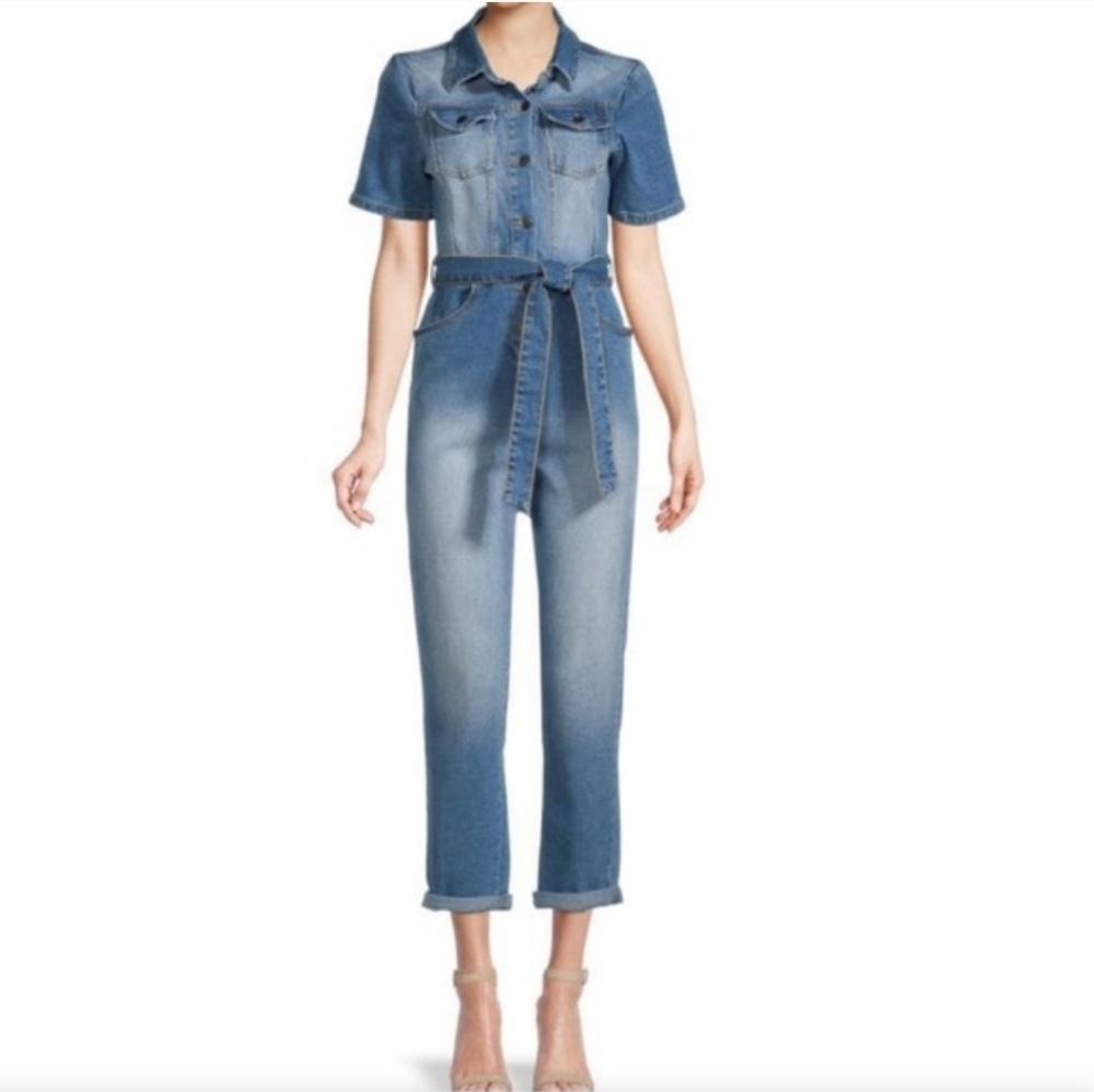 Avec Les Filles Women's Tie-Waist Denim Jumpsuit Sz 26
